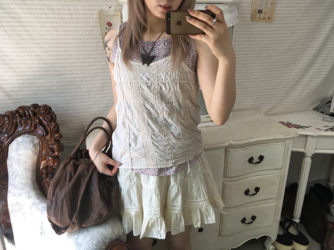 일본빈티지 아이보리 레이스 패치워크 모리 슬리브리스 상품이미지1