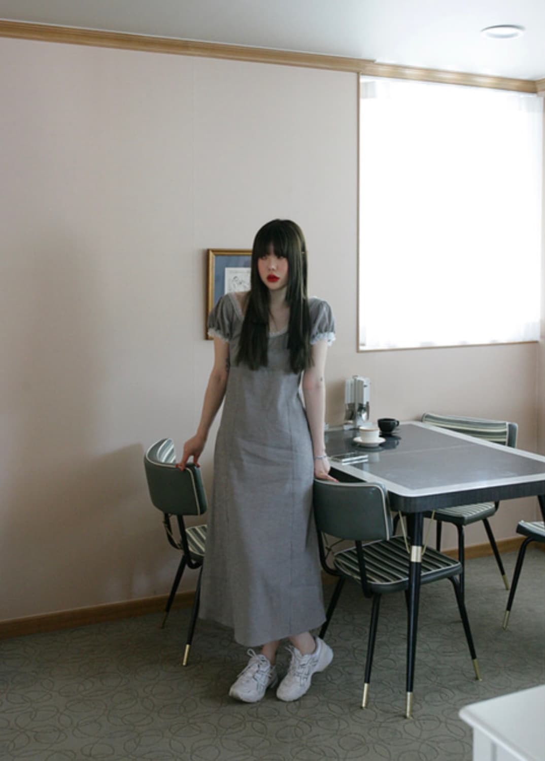 유일매물)프레클 시어 체크 롱 원피스 상품이미지2