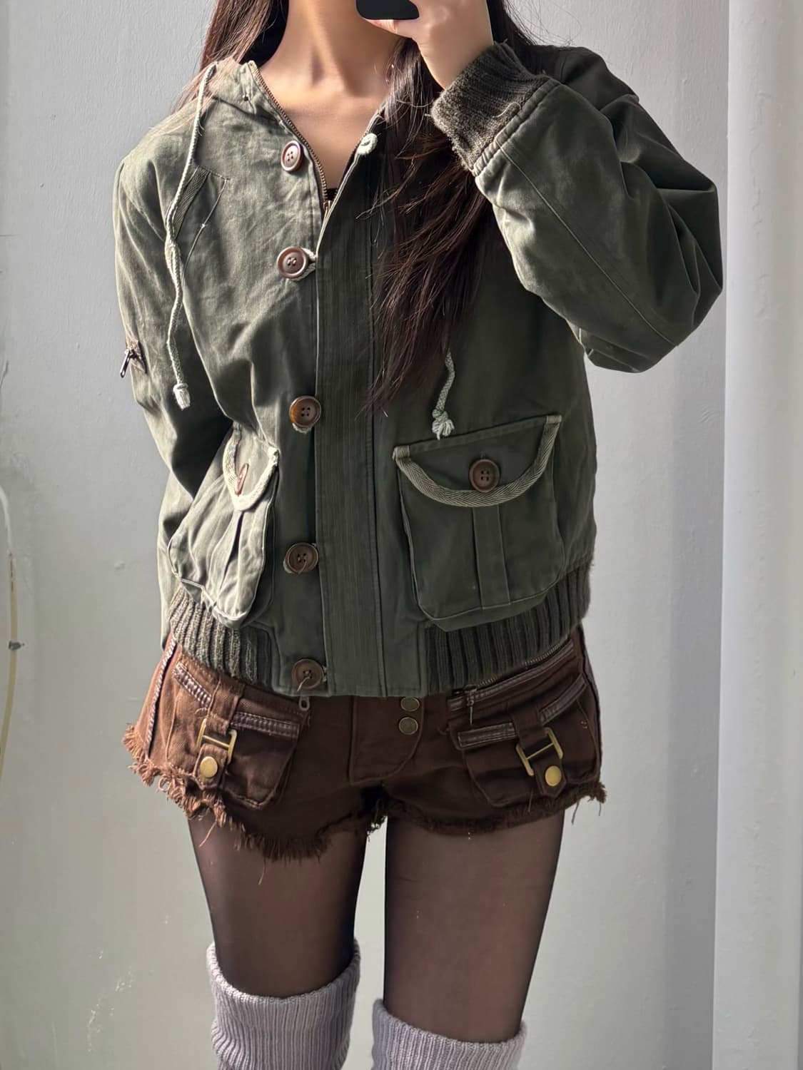 Vintage Khaki Hood Button Zip-Up Jacket 상품이미지2