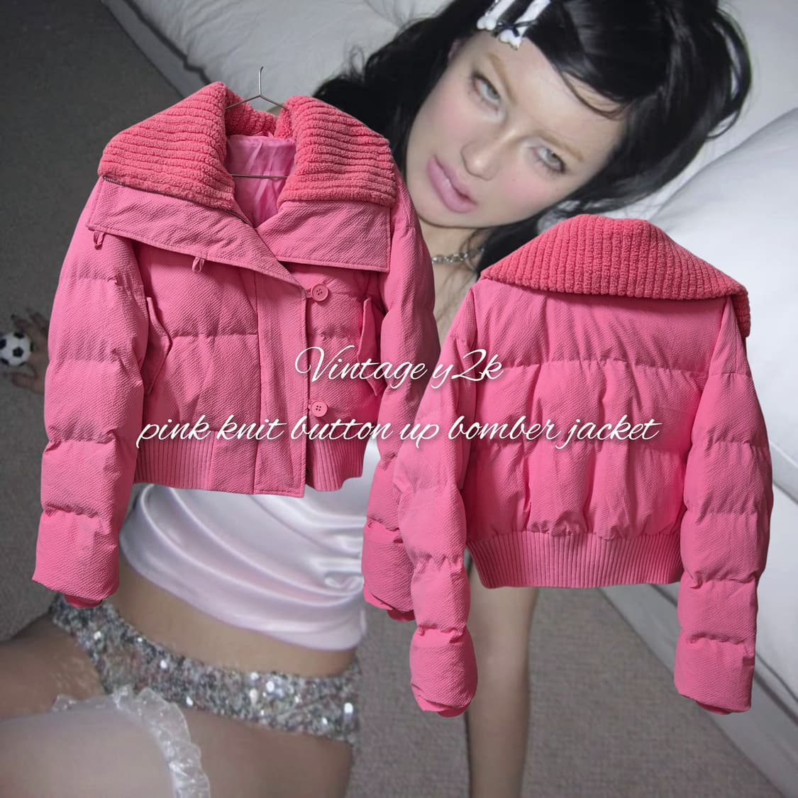Vintage y2k pink knit button up bomber 상품이미지1