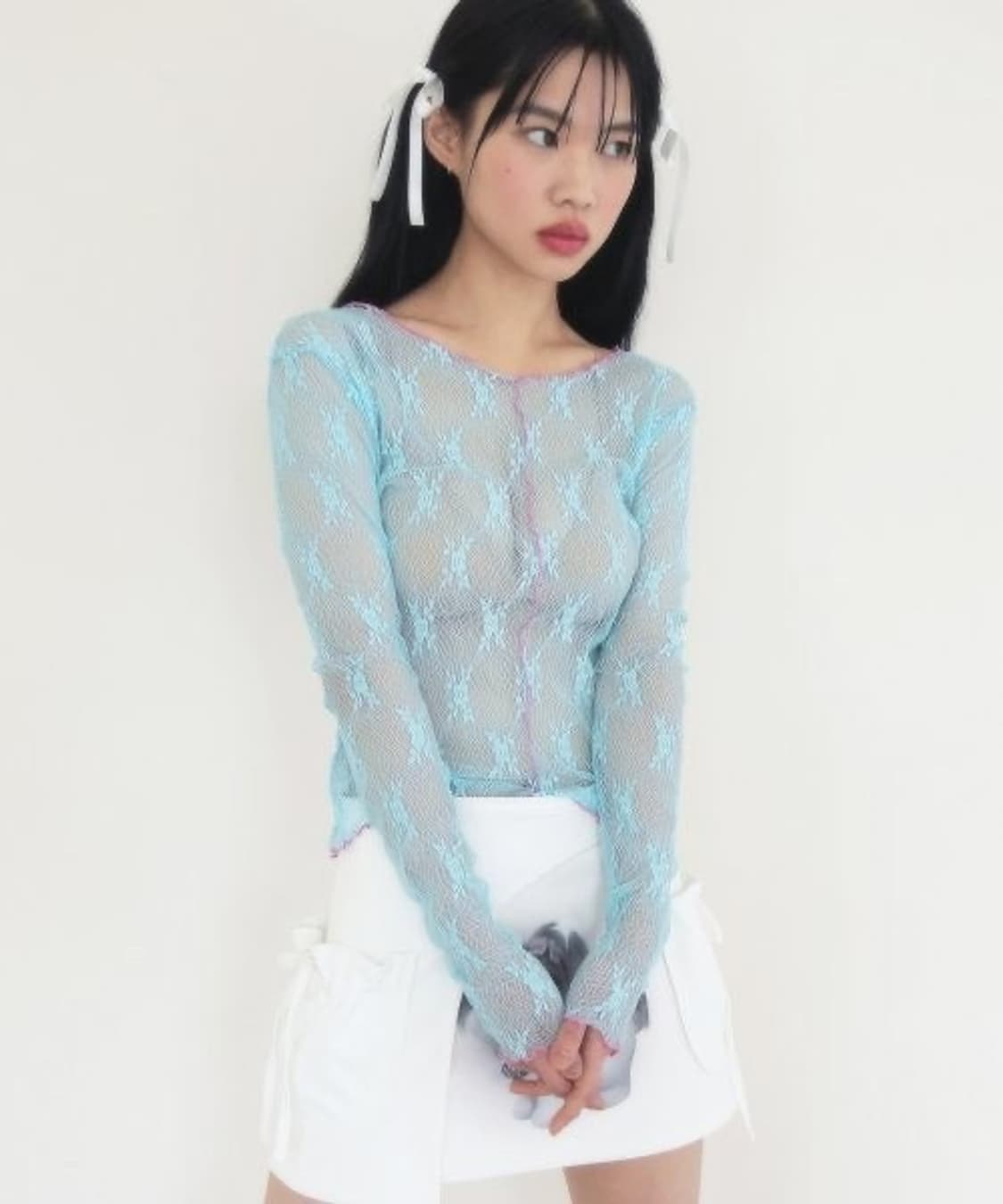 노피셜노피스 플라워 레이스 롱 슬리브 티셔츠 블루 상품이미지1