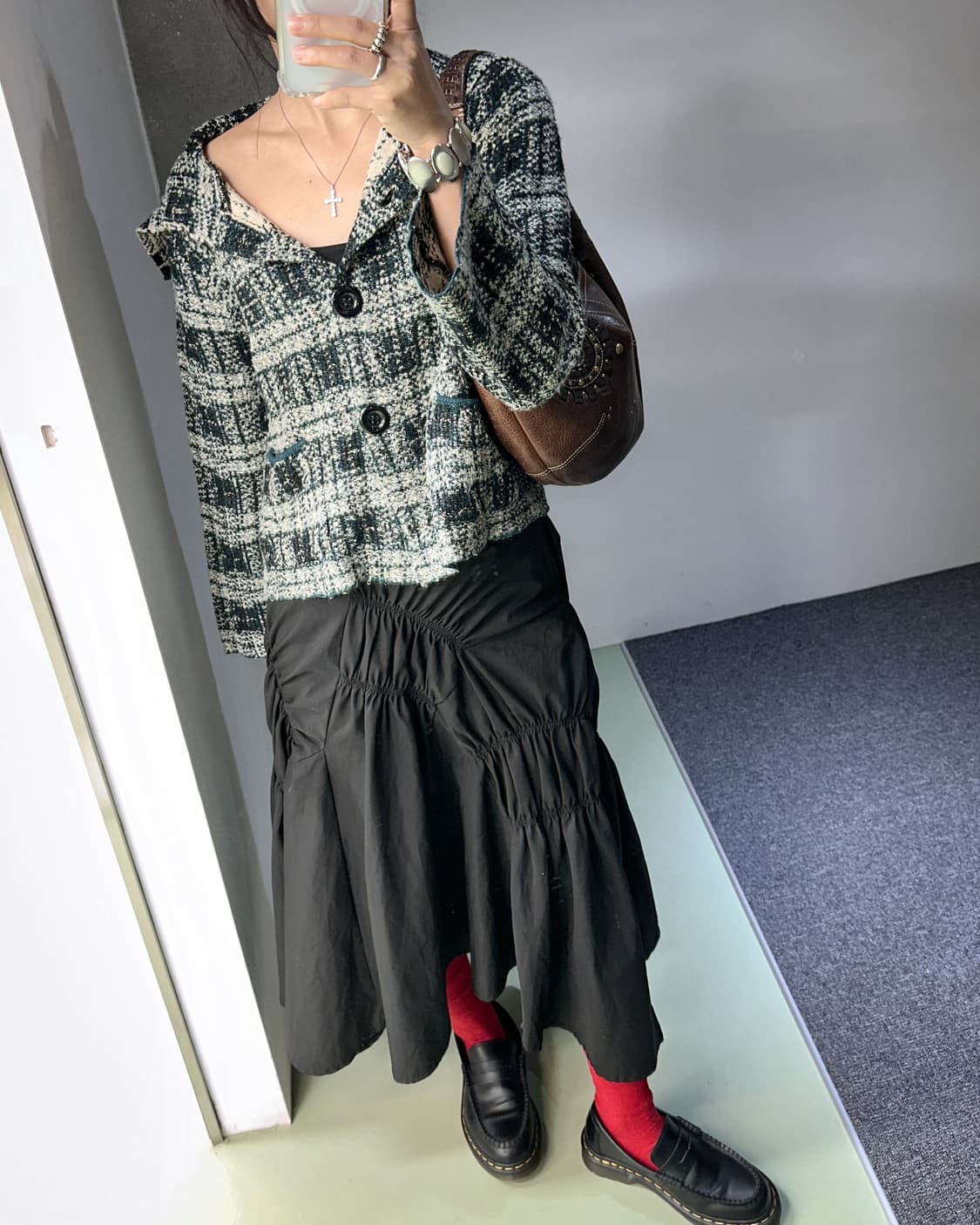 green check wool wide collar cardigan 상품이미지3