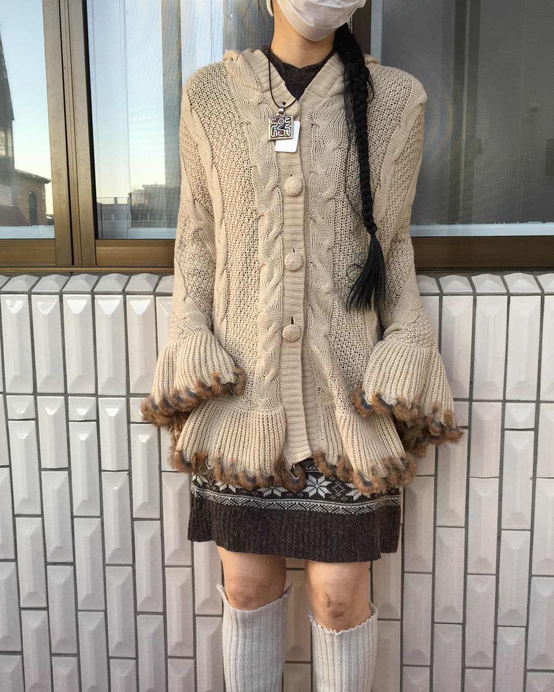 Fur trimming cable pattern hood knit cap 상품이미지7