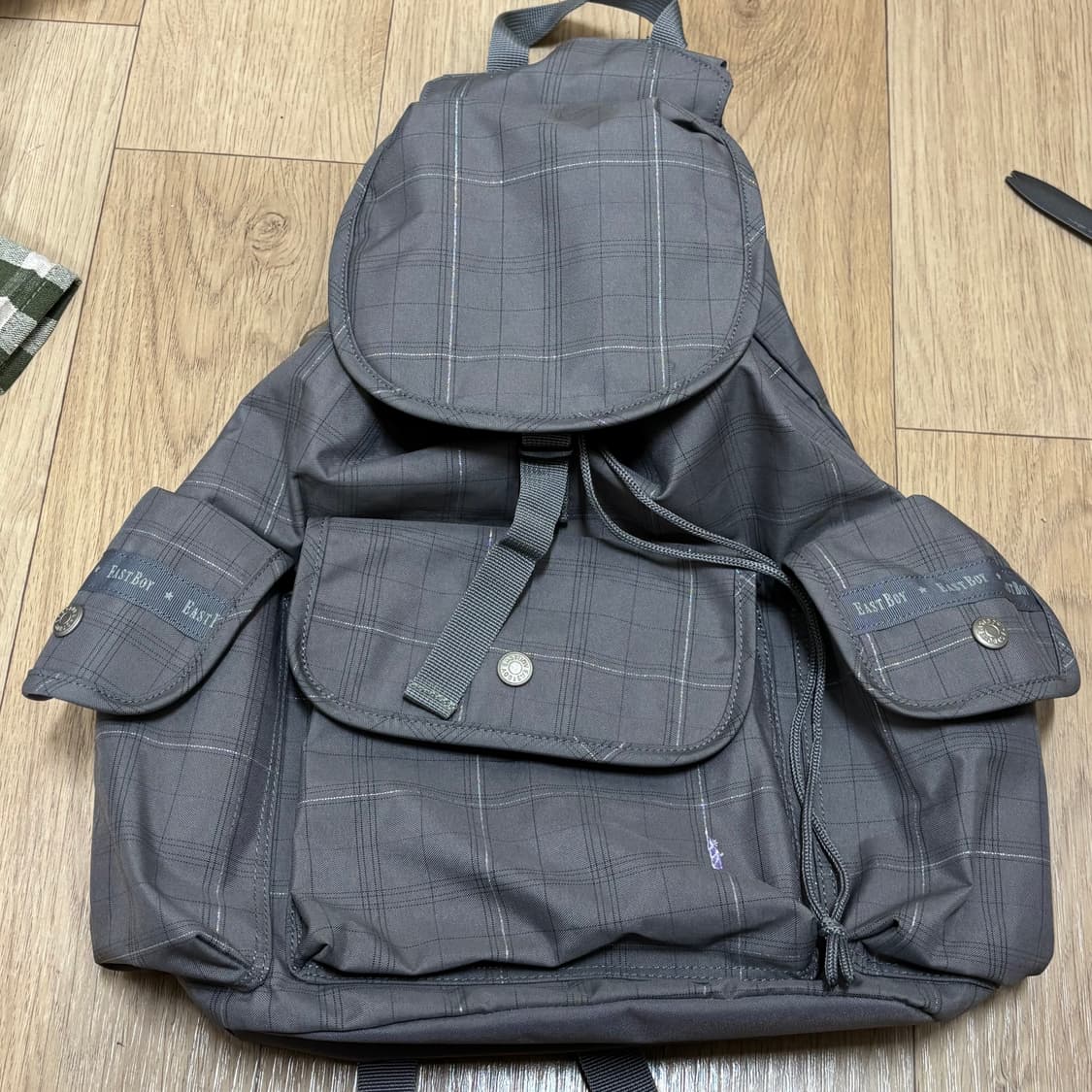 이스트보이 그레이 체크 백팩 배낭 복조리 스트링 가방 일본 모리걸 빈티지 상품이미지2