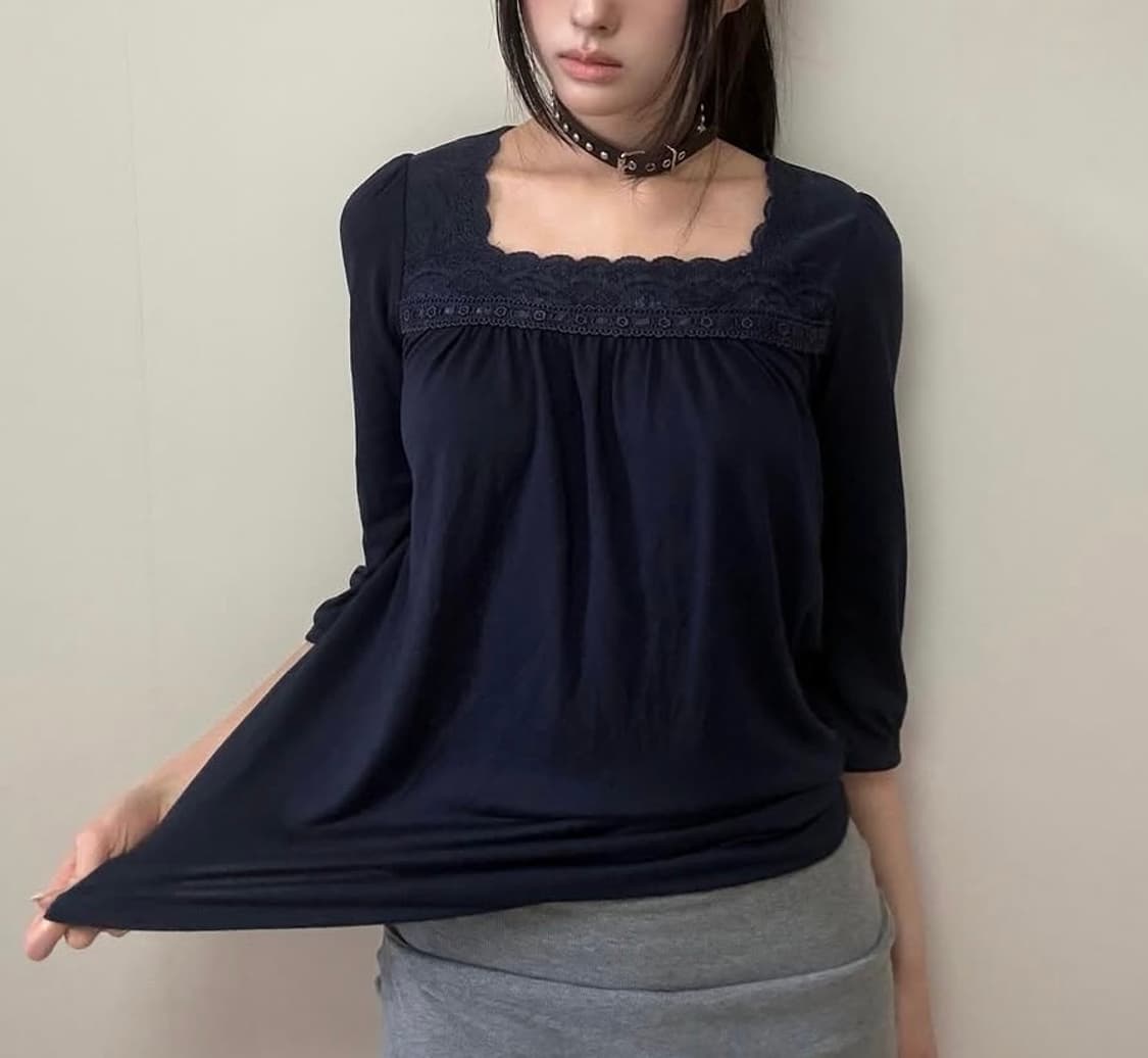 Kaya 네이비 레이스 7부 티 상품이미지1