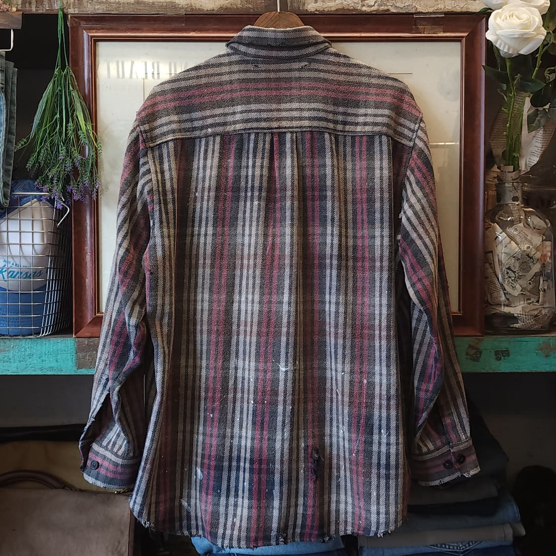 90s 빈티지 체크셔츠 헤비 플란넬 워크셔츠 썬페이딩 스트라이프 L 상품이미지2