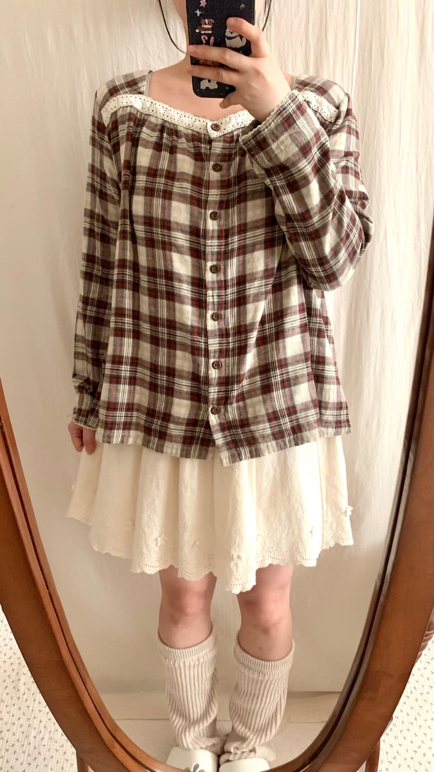 모리 스퀘어 체크 레이스 블라우스 상품이미지7