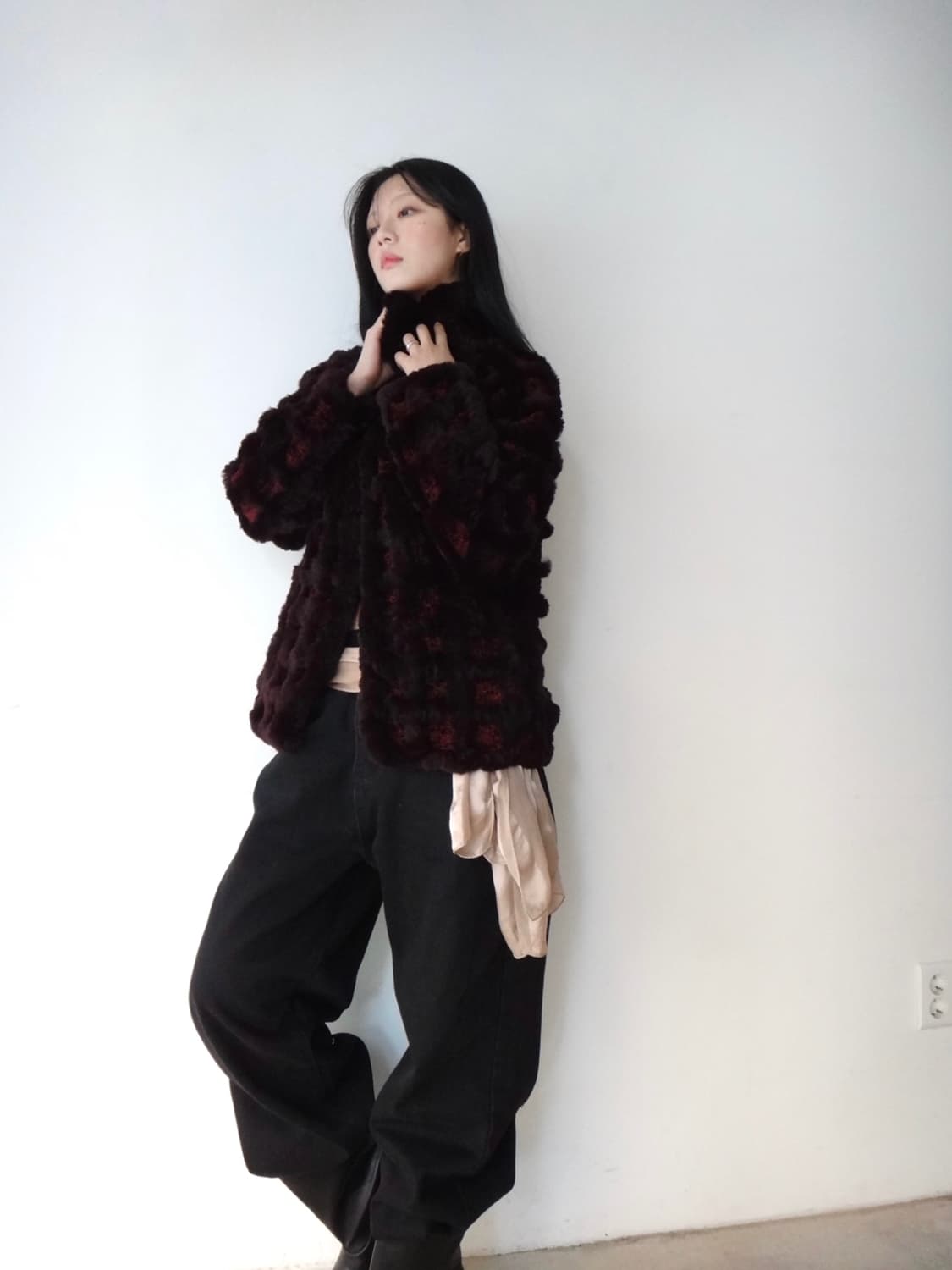Grid fur mix jacket / burgundy 상품이미지8
