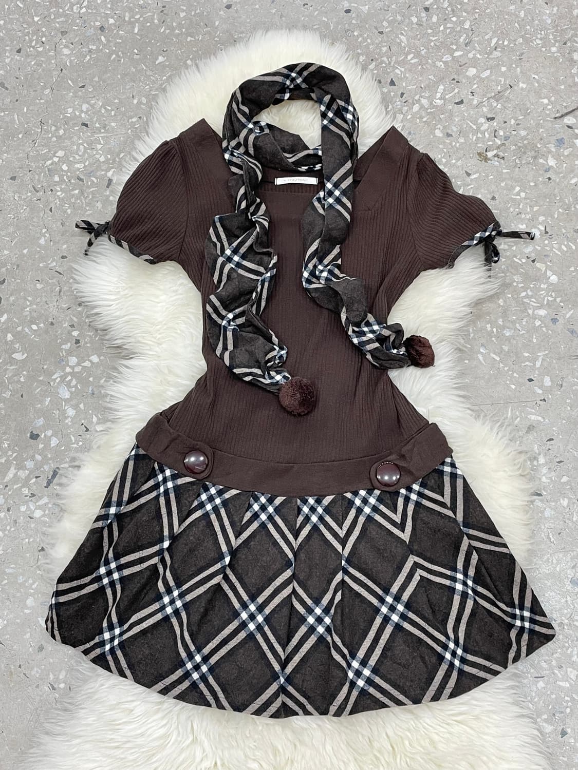 라떼갸루 체크 플리츠 원피스 머플러 세트*레어 상품이미지1