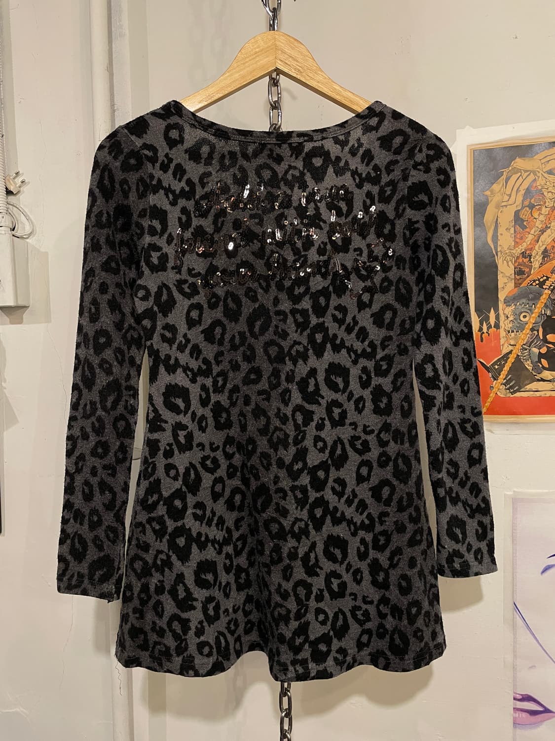 해골 스터드 레오파드 패턴 플레어 그레이 롱슬리브 갸루 펑크 상품이미지5