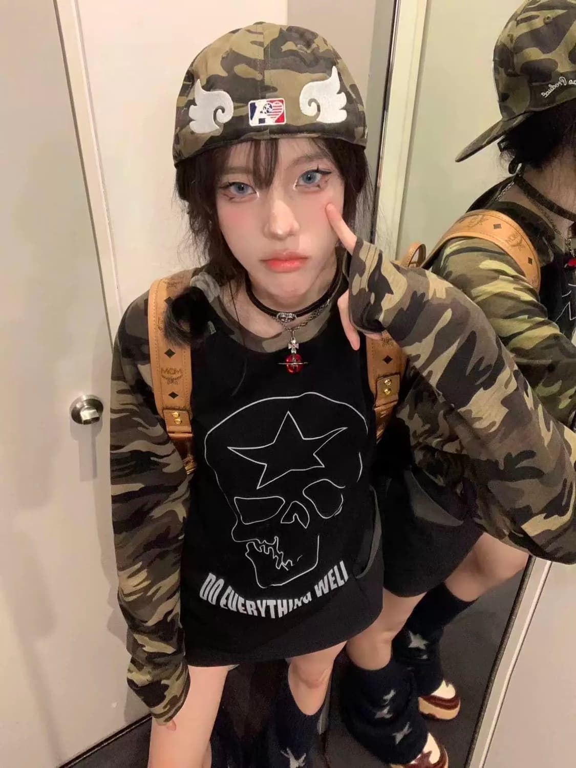 카모 소매 스컬 프린팅 래글런 긴팔 티셔츠 상품이미지5