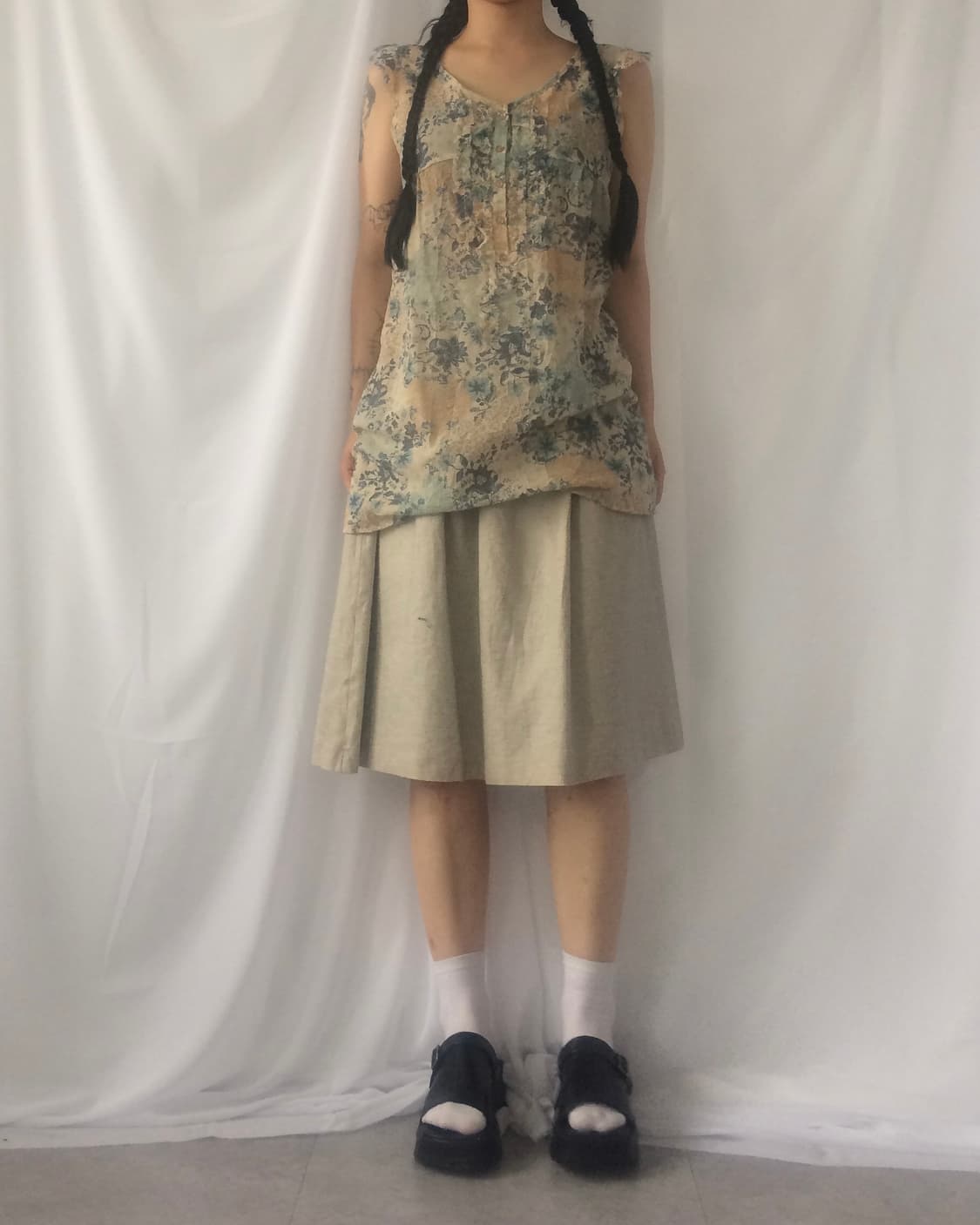 Pattern button up frill sleeveless 상품이미지1