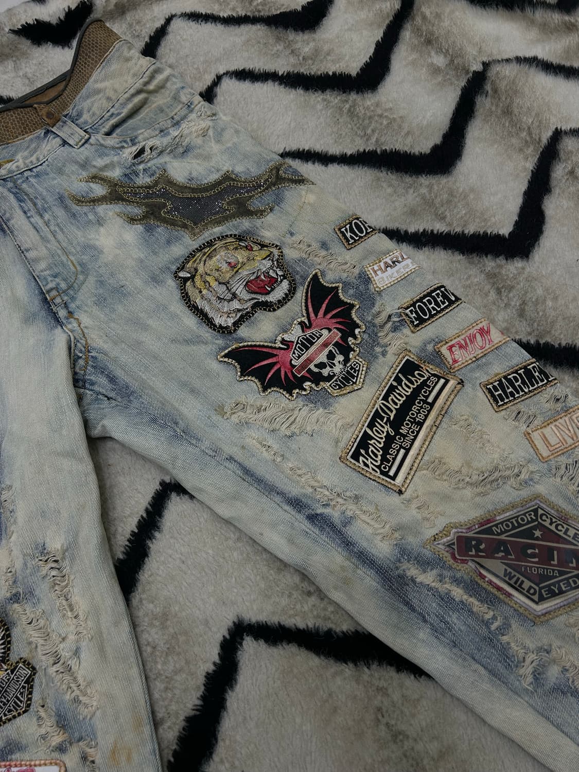 [38]빈티지 가죽 디테일 할리데이비슨 패치워크 데미지 데님 팬츠 상품이미지1