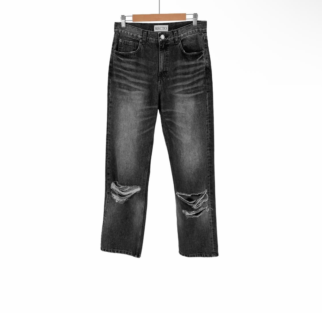 [S] 렉토 남성 디스트로이드 데님 워싱 와이드 팬츠 청바지 블랙 상품이미지1
