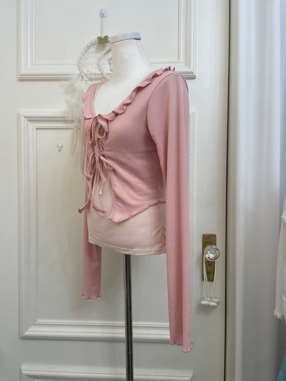 pink bow point crop cardigan&ruffle shir 상품이미지2