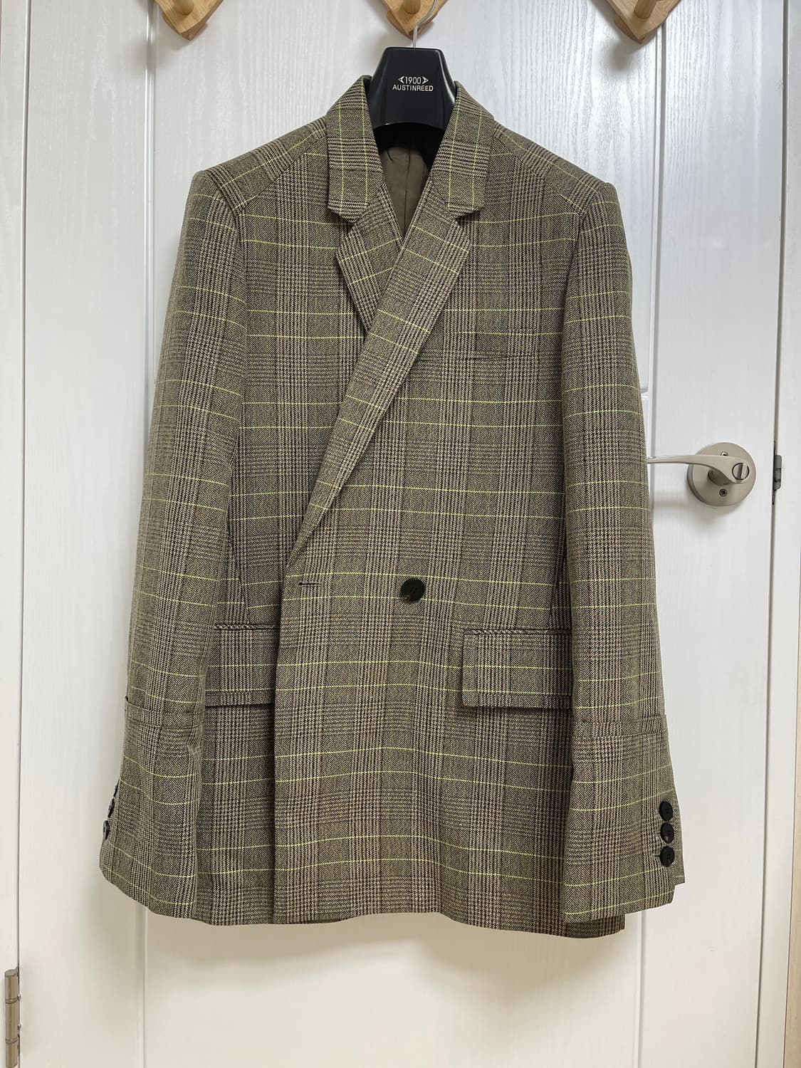 우영미 브라운 체크 롱 더블 자켓 50 사이즈 상품이미지1