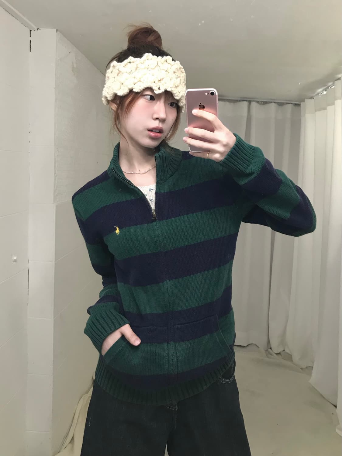 폴로 네이비 그린 단가라 니트 집업 상품이미지1