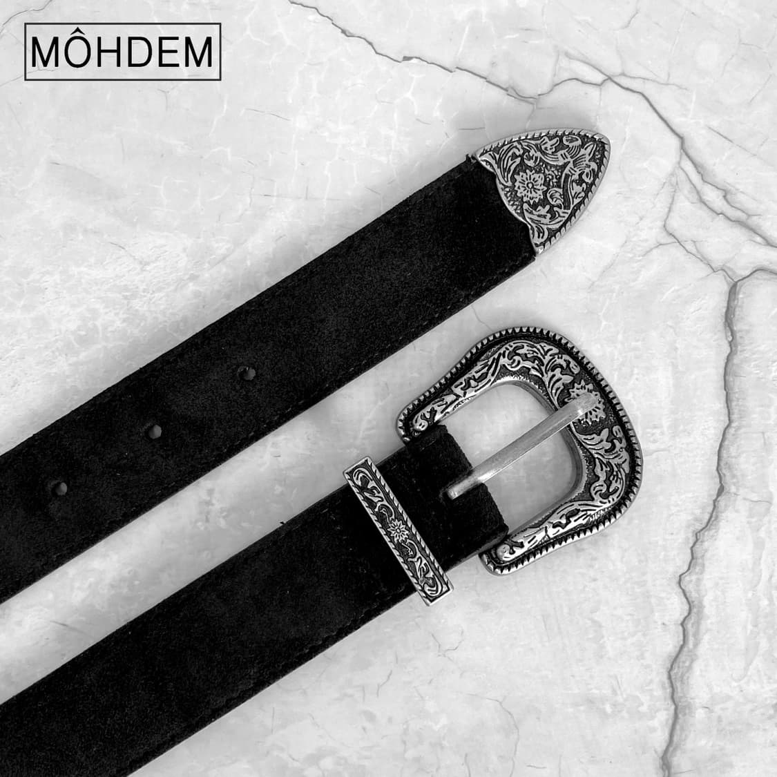 [Unisex] 클래식 웨스턴 스웨이드 가죽 벨트 블랙 상품이미지4