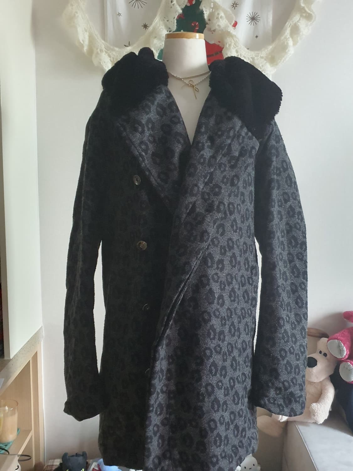 [갸루] 레오파드 퍼 카라 더블 코트 겨울외투 상품이미지1