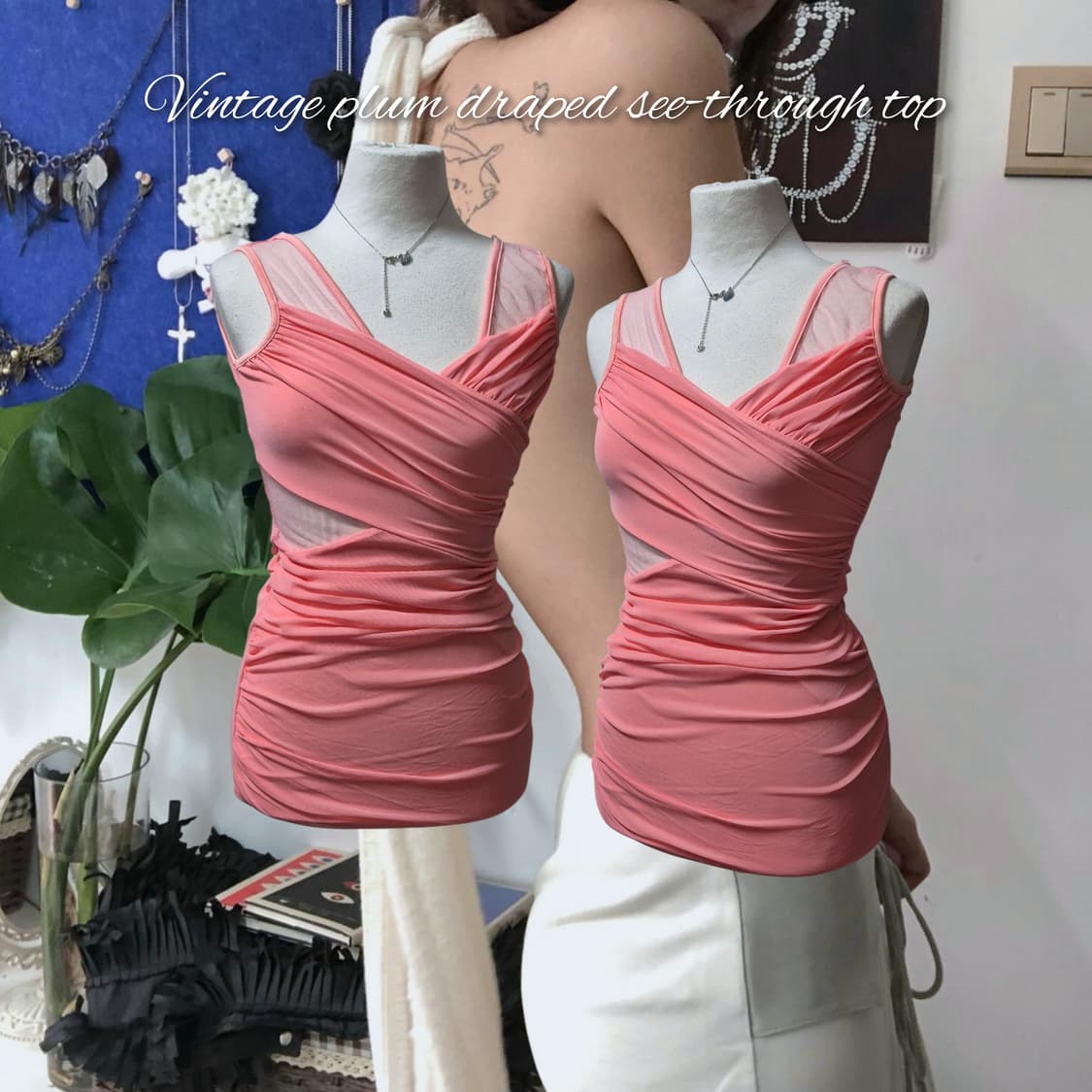 Vintage plum draped see-through top 상품이미지1