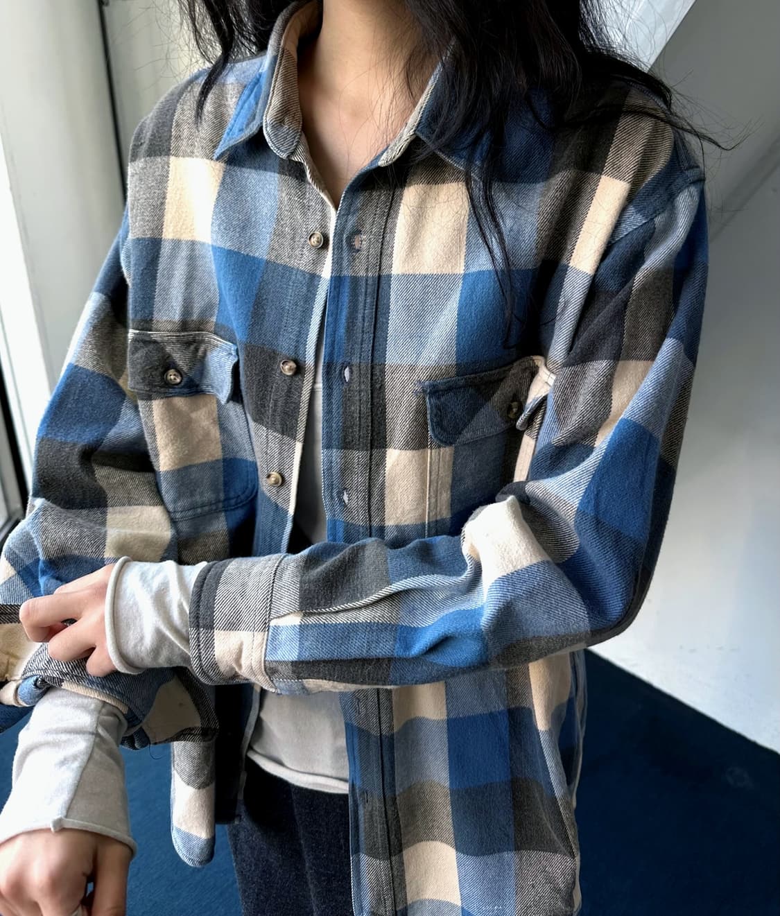  Cotton woven nel check wide shirt 상품이미지7