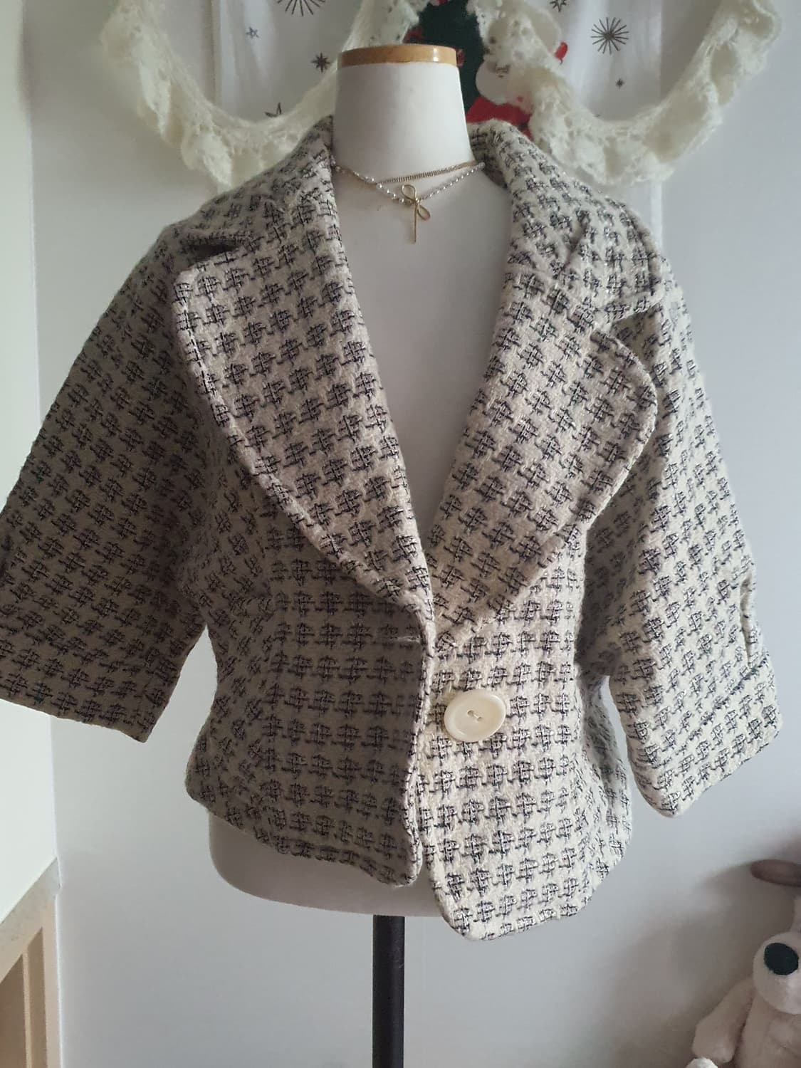 [빈티지] 양모 체크무늬 반팔 트위드 코트 상품이미지1