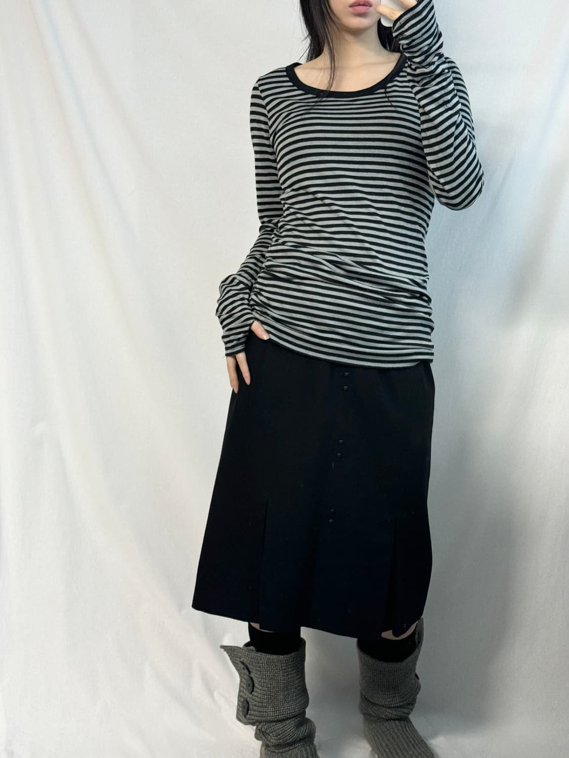 핸드워머 셔링 스트라이프 패턴 티 상품이미지5