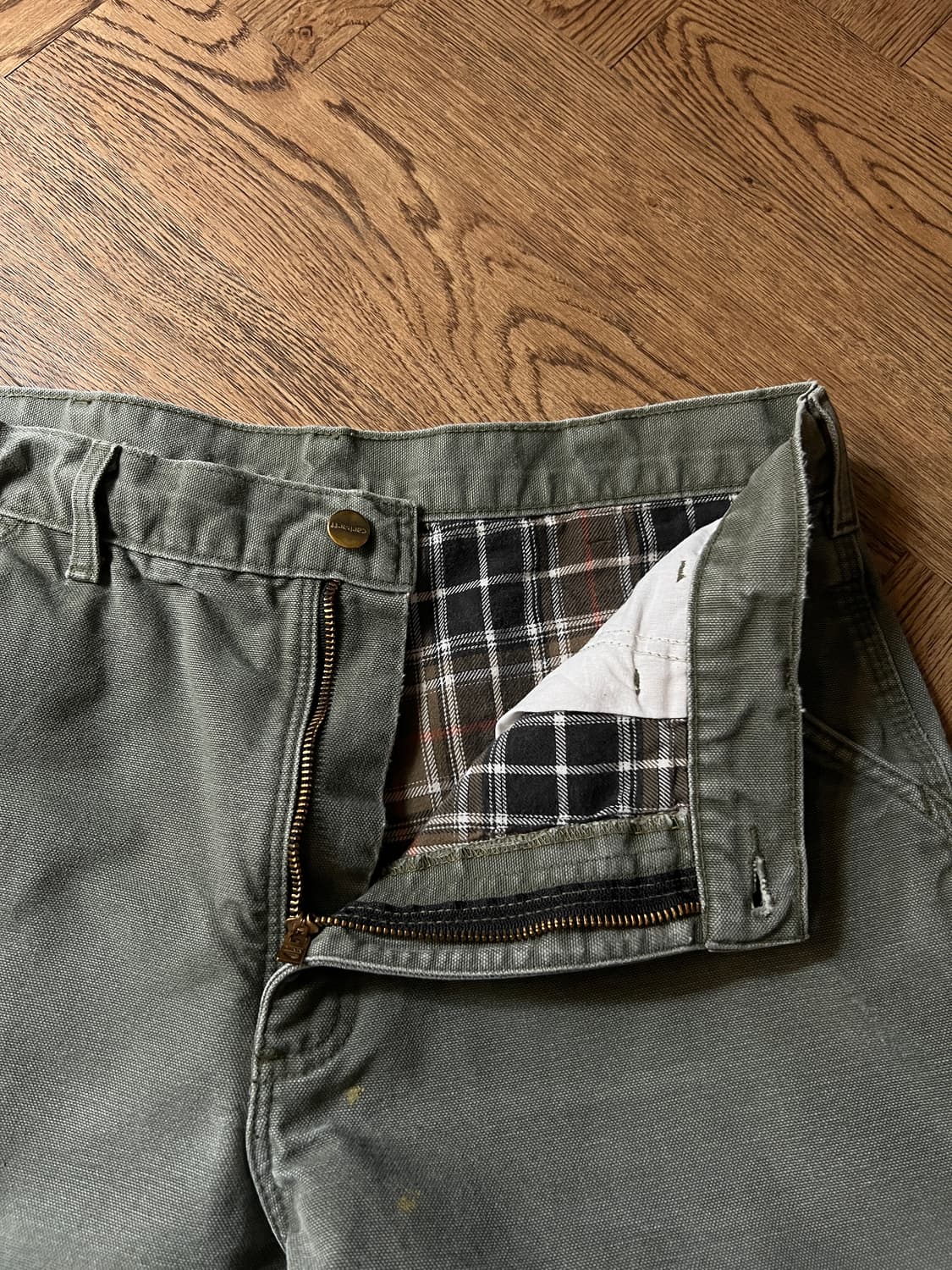 [34]칼하트 USA 체크라이닝 데미지드 모스그린 싱글니 카펜터 워크팬츠 상품이미지3