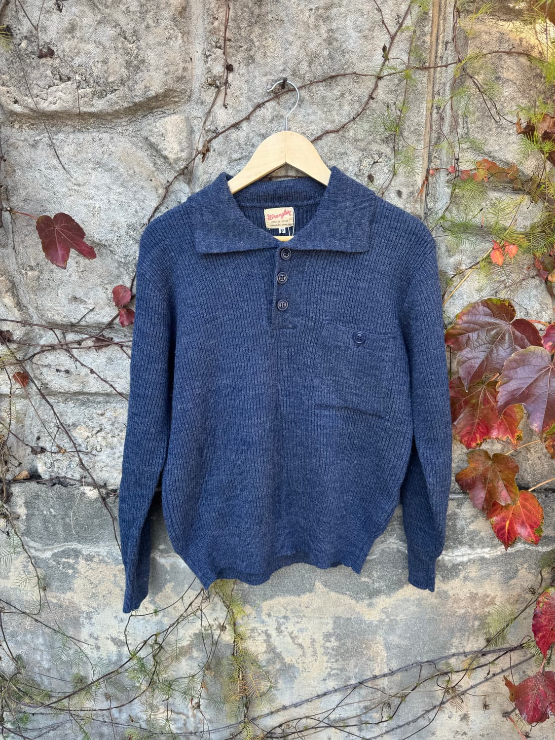 80s 랭글러 오픈 카라 니트 네이비 레이어드 상품이미지1