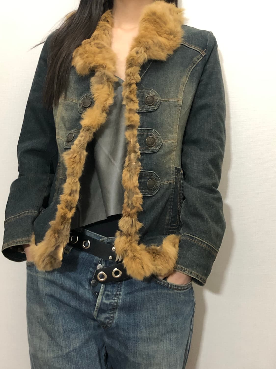 빈티지 브라운 래빗 퍼 데님 자켓 상품이미지6