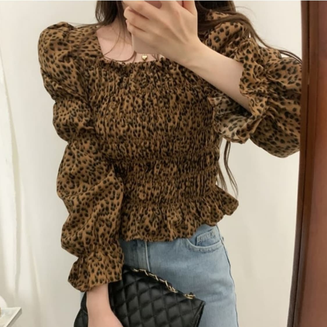 새상품) 호피 퍼프 블라우스 브라운 상품이미지2