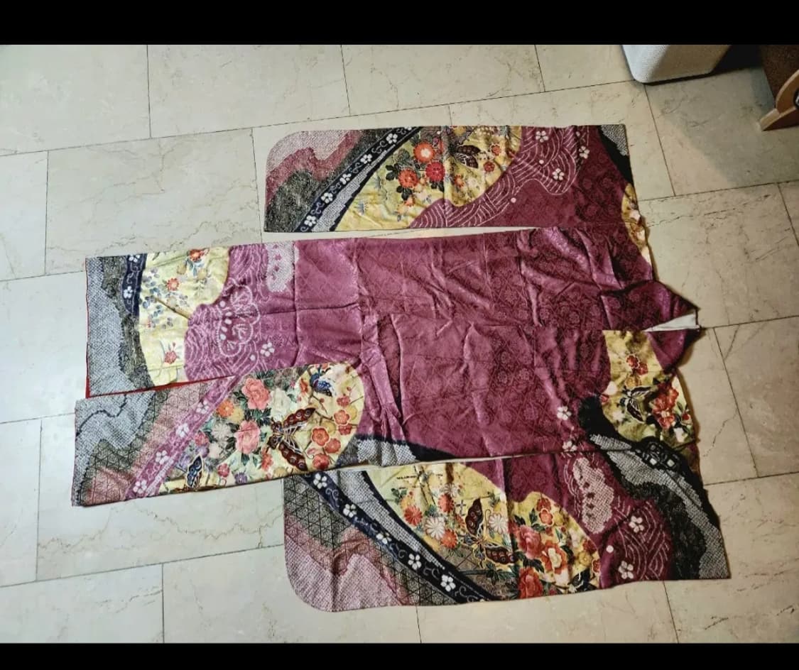 일본 장인제작 나비 실크 후리소데 기모노+오비+속 기모노 세트 상품이미지1