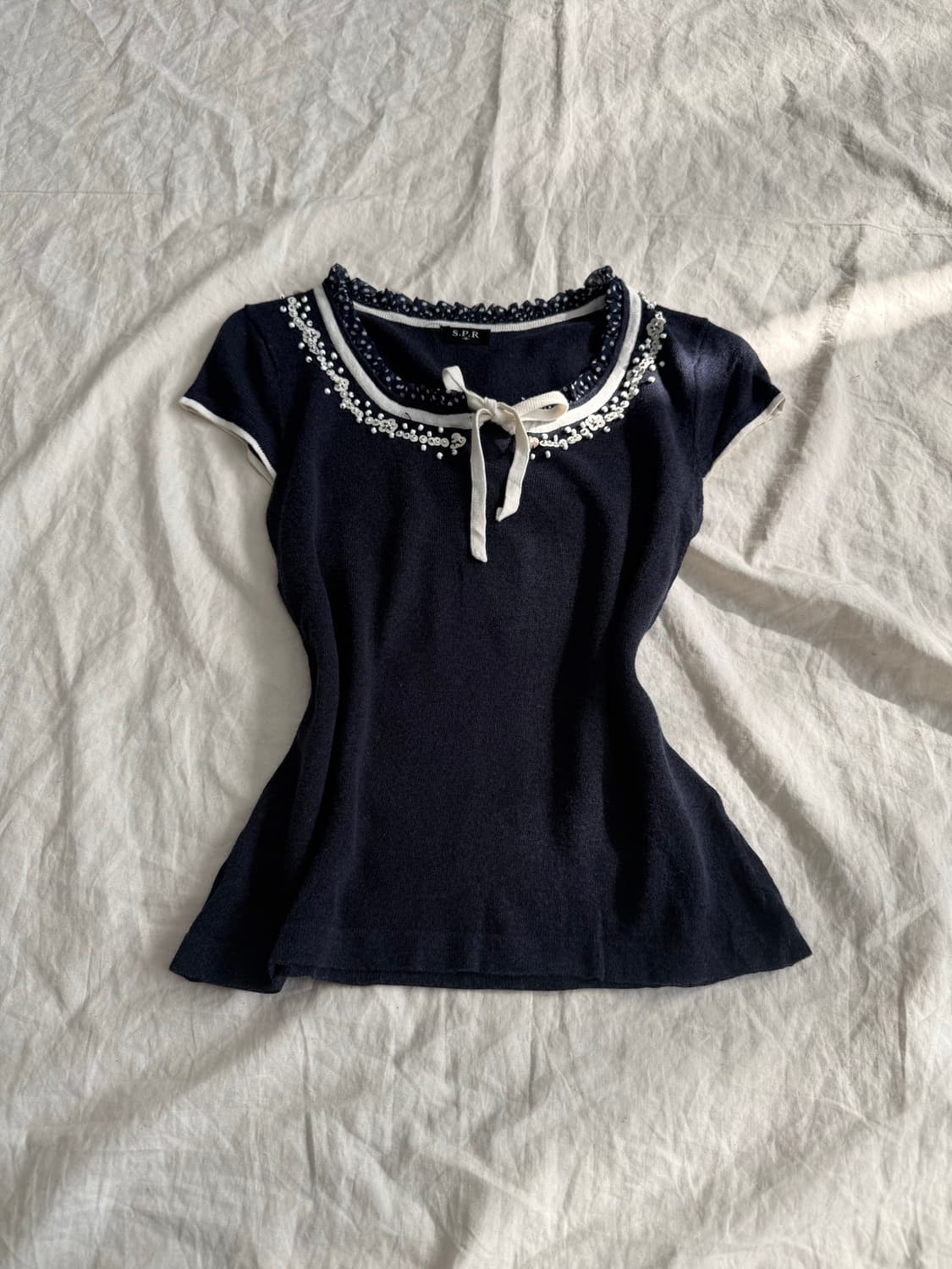 네이비 긱시크 러블리 공겜여주 반팔 블라우스탑 상품이미지1