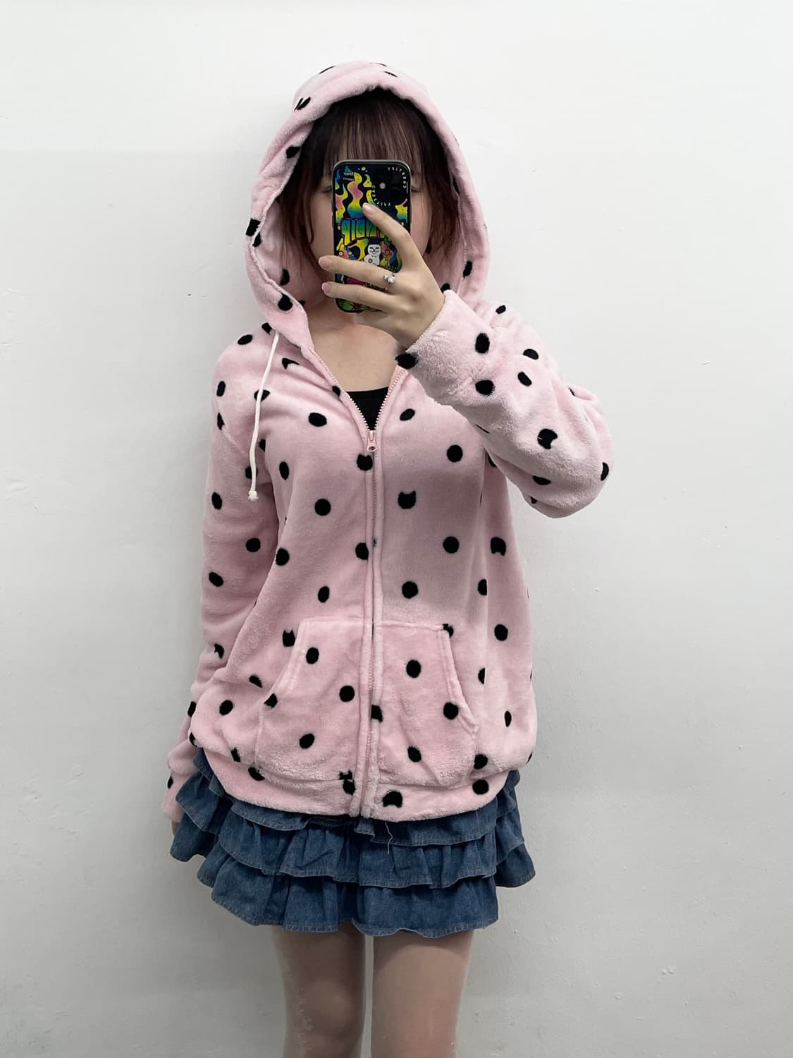 로맨틱갸루 핑크 도트 네코 플리스 후집 상품이미지4