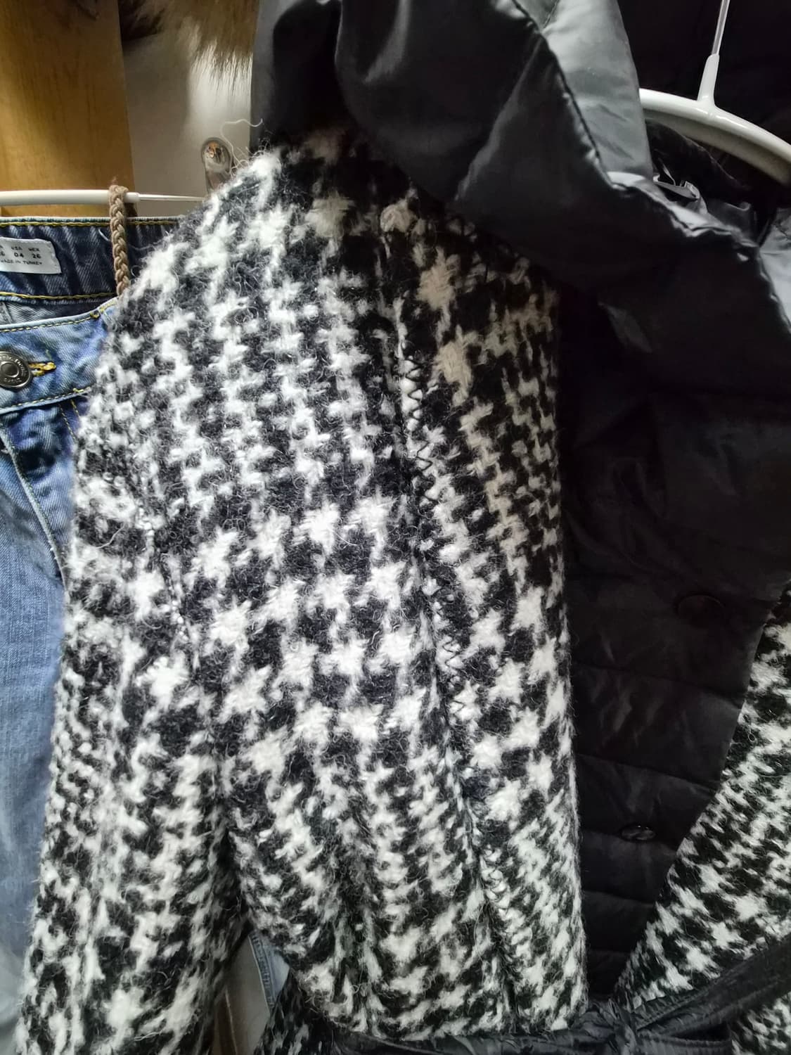 블루밍 울알파카  하운드투스 체크코트.패딩 후드 롱 베스트 상품이미지4