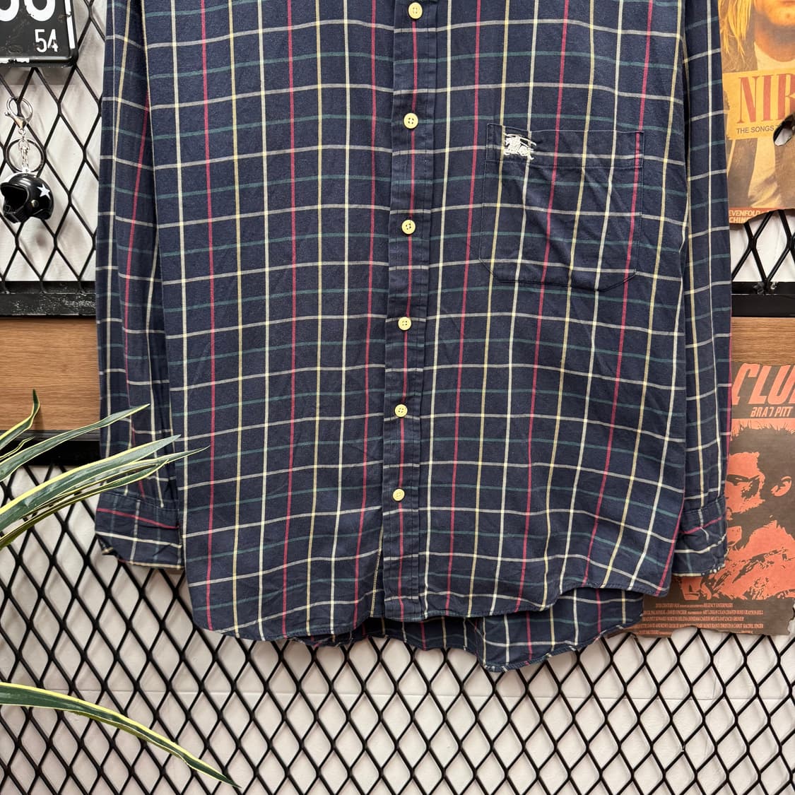 90s 버버리 스트라이프 긴팔 셔츠 전면 원포켓 포인트 네이비 그레이 상품이미지4