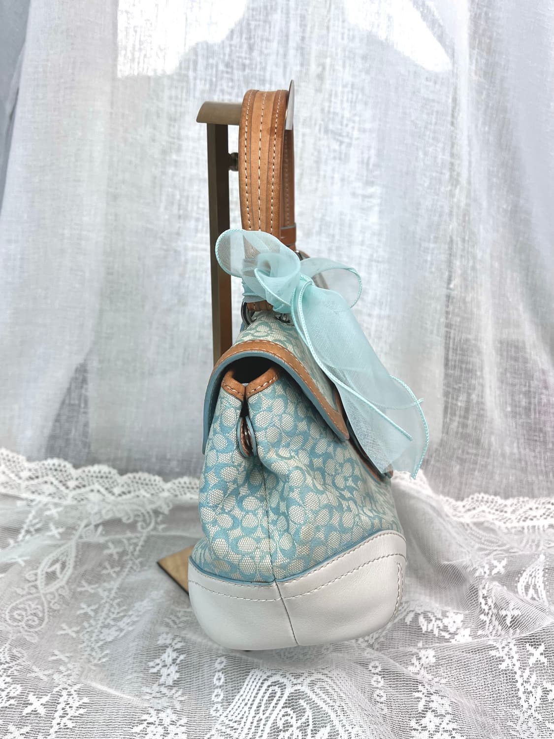 90s coach 민트 시그니처 자카드 캔버스 카라멜 레더 턴락 소호백 상품이미지4