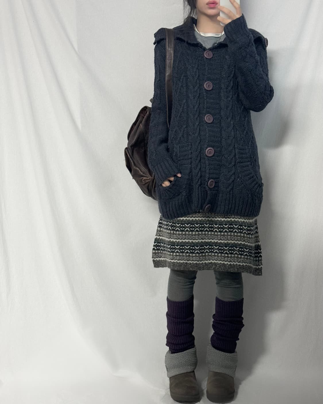 폴딩 넥 포켓 케이블 니트 패턴 가디건 상품이미지2