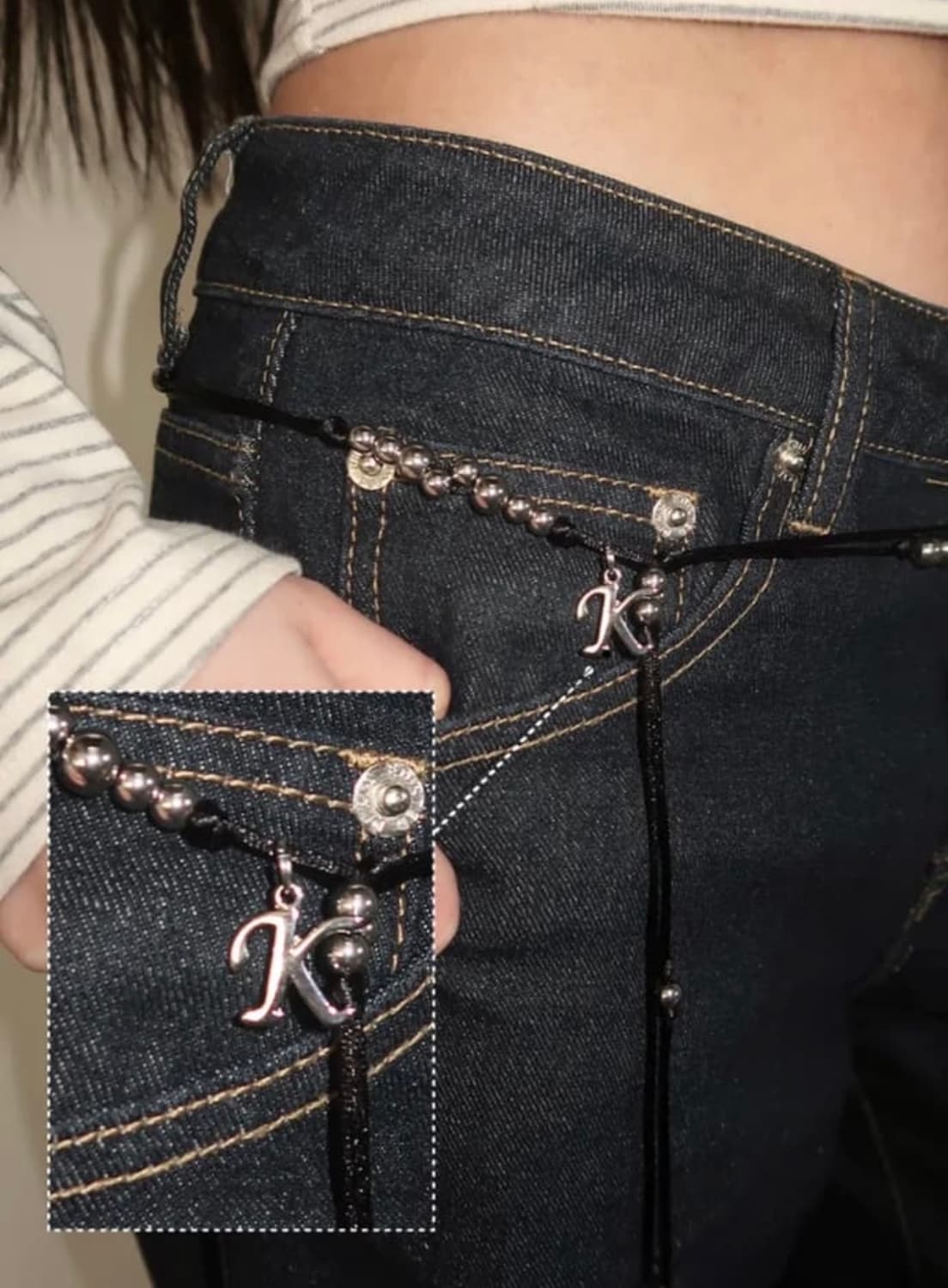 킬리만 보헤미안 실버드롭 슬림 벨트 K이니셜팬던트초커넥스트랩비치웨어주얼리 상품이미지3