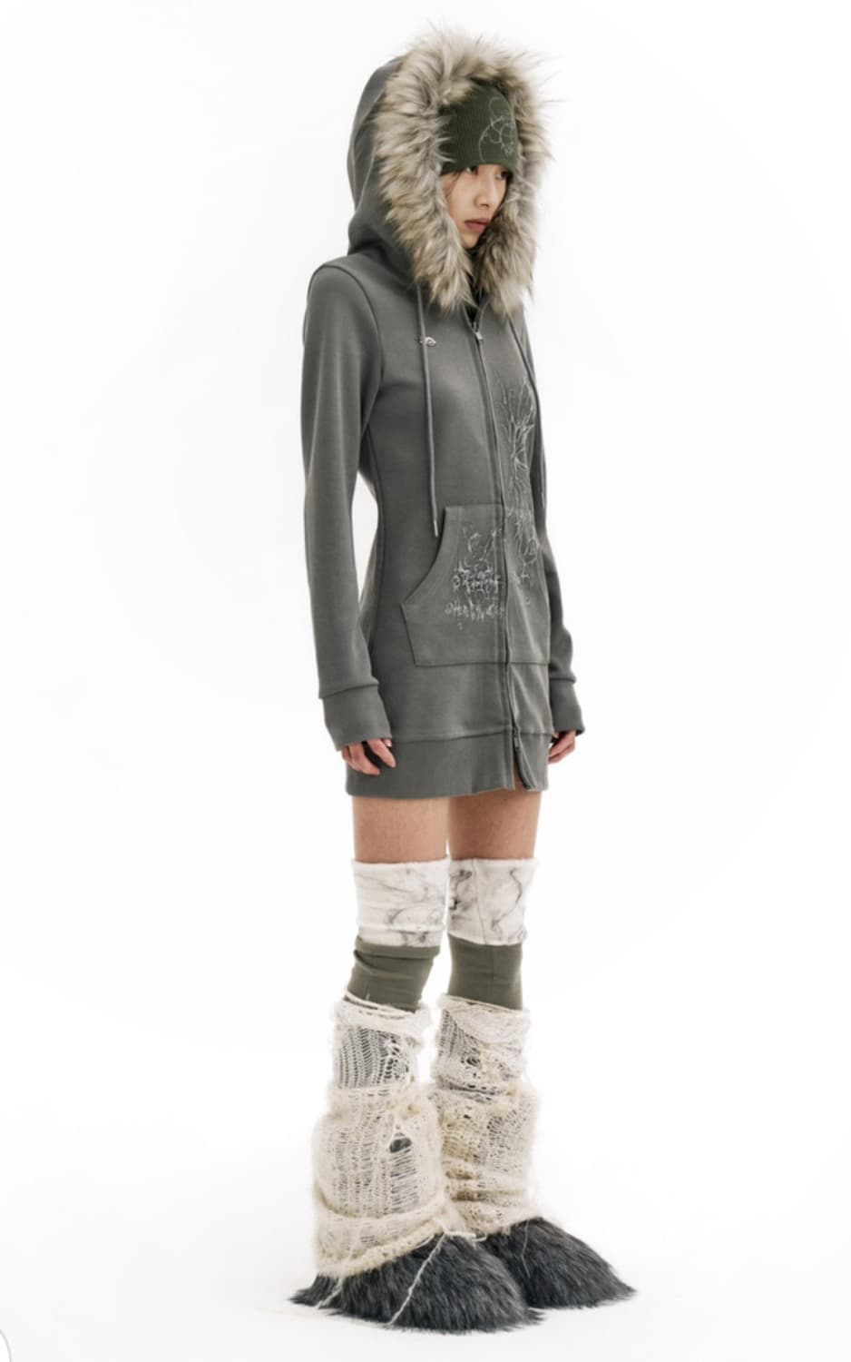 허그유어스킨 퍼 롱 후드집업(카키) 상품이미지3