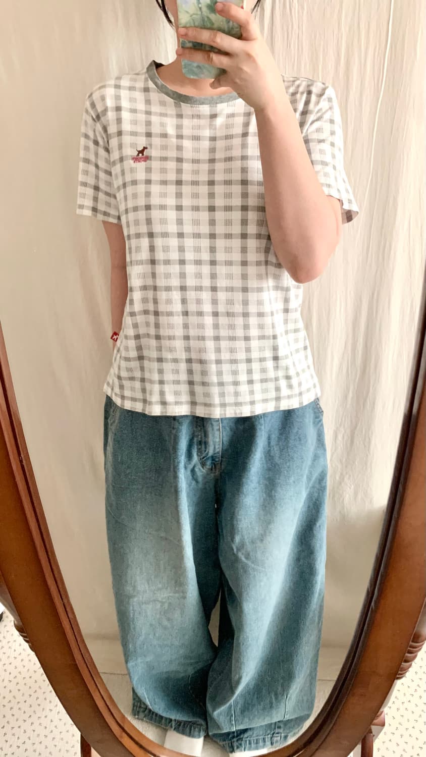 연그레이 체크 강아지 티 상품이미지3