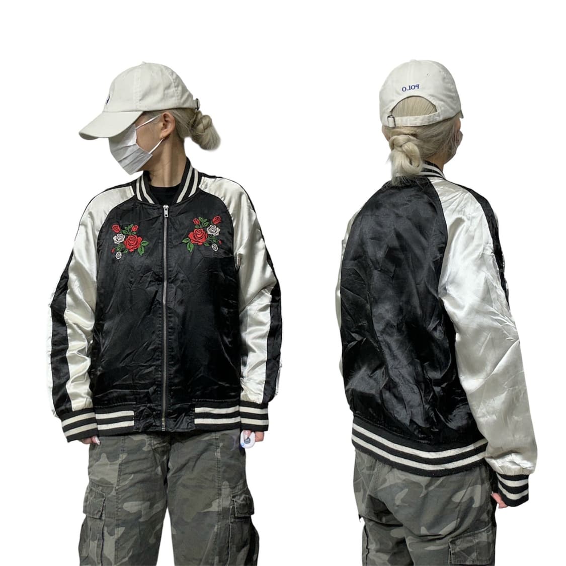 일본 빈티지 꽃 자수 스카잔 화이트 블랙 크롭 자켓 M 상품이미지1