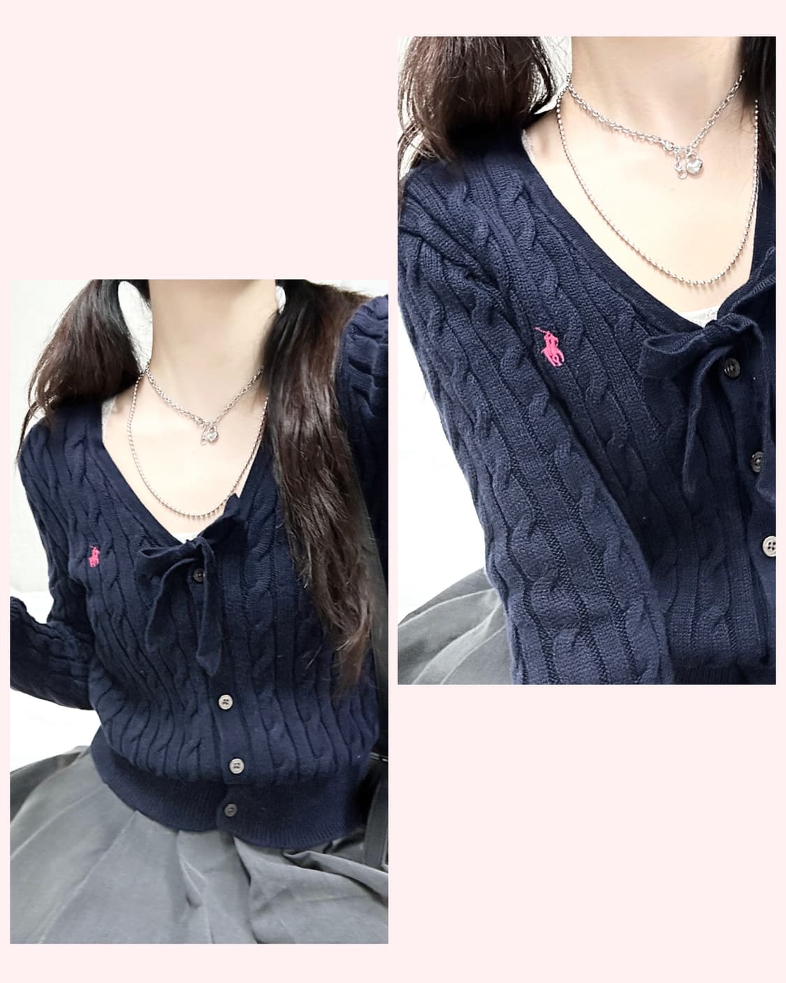 폴로 핑크포니 네이비 리본 케이블 가디건 상품이미지1