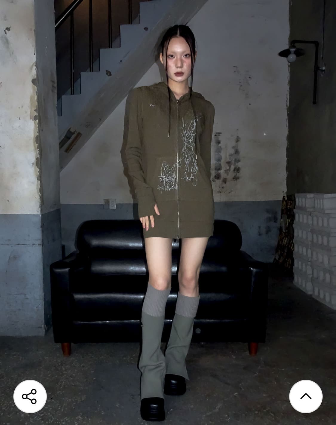 허그유어스킨 니트 롱 후드집업 카키 상품이미지2