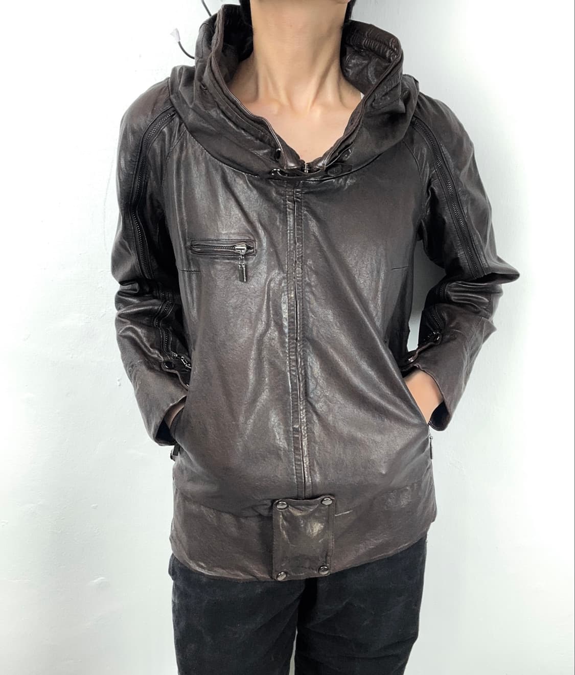 2000s Draped High Neck Lambskin Jacket   상품이미지3