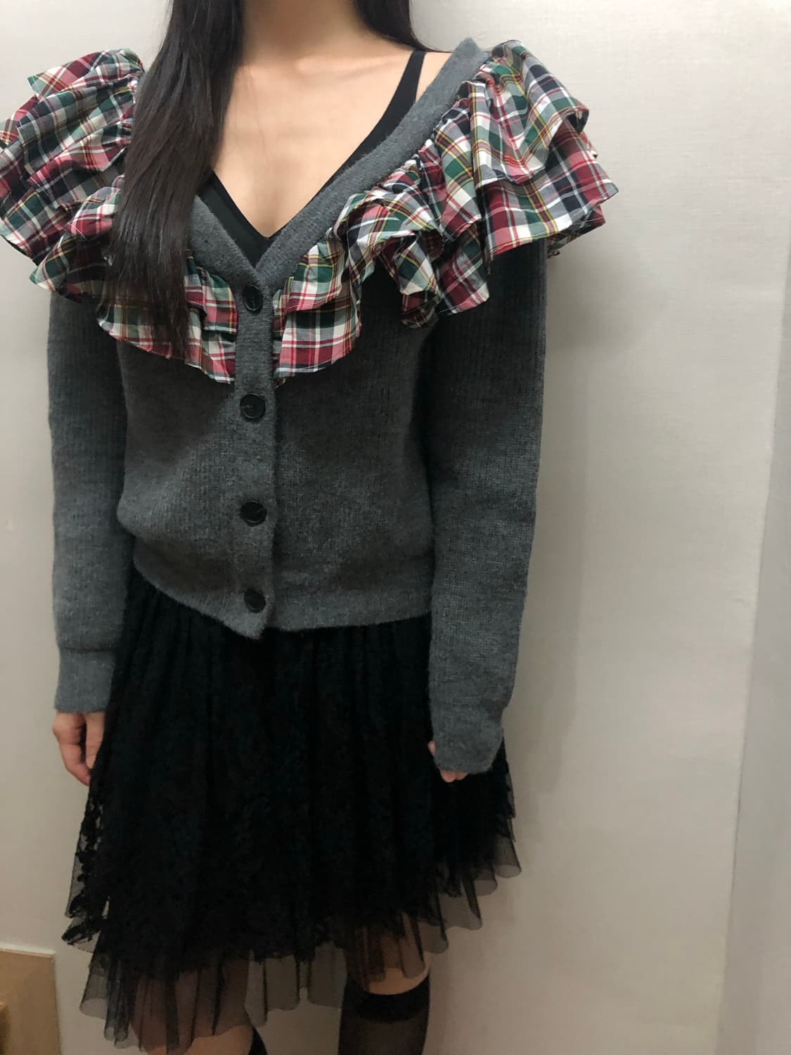 빈티지 그레이 체크 프릴 레이어드 가디건 상품이미지3