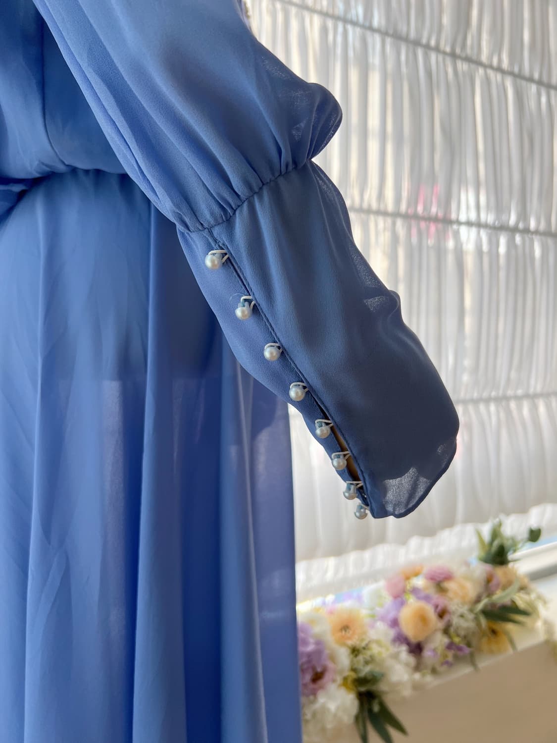 블루 플라워 진주 쉬폰 원피스 상품이미지5