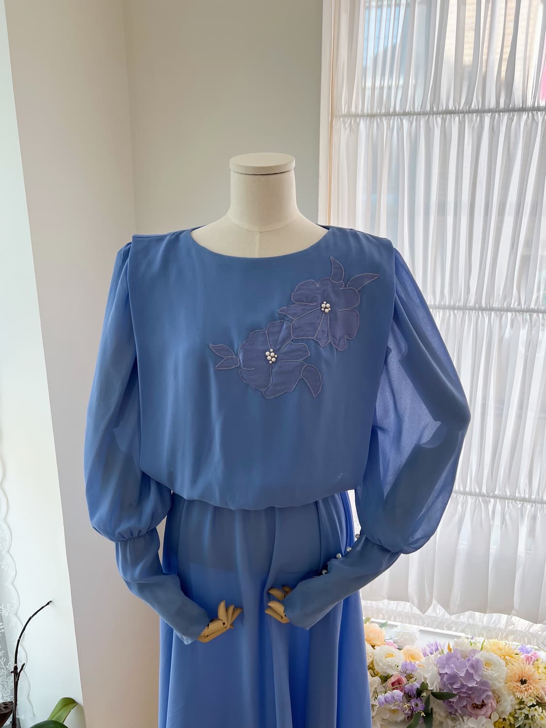 블루 플라워 진주 쉬폰 원피스 상품이미지3