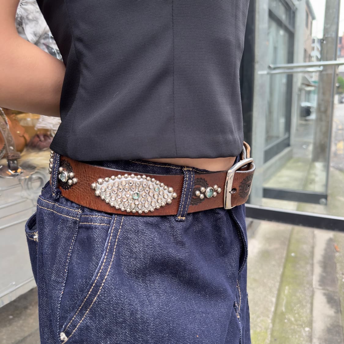 빈티지 리얼 웨스턴 가죽 다이아몬드 & 스터드 벨트 상품이미지6