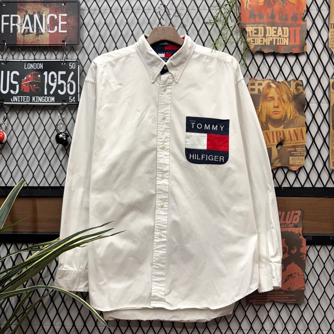 90s 타미힐피거 오버사이즈 셔츠 전면 빅플래그 로고 포인트 화이트 상품이미지1